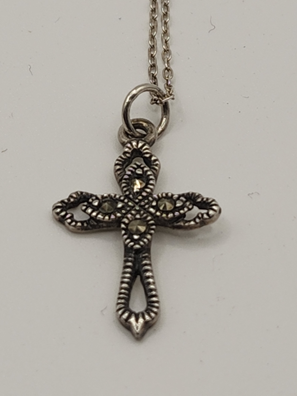 Sterling Marcasite Cross Pendant Necklace W/ Chain 19"